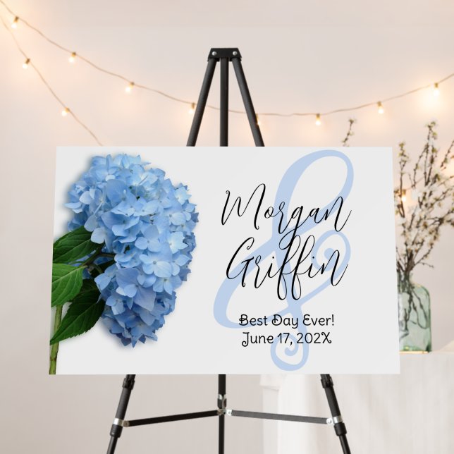 Blue Heaven Hydrangea Stem Wedding Welcome Sign (In Situ (Stand))