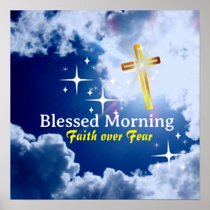 Blue heaven with White Clouds and Golden Cross Poster