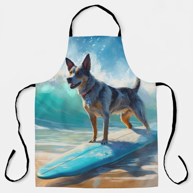 Blue Heeler Beach Surfing Painting  Apron (Front)