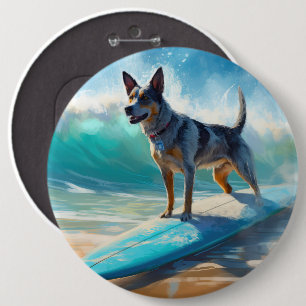 Blue Heeler Beach Surfing Painting Button