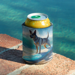 Blue Heeler Beach Surfing Painting  Can Cooler