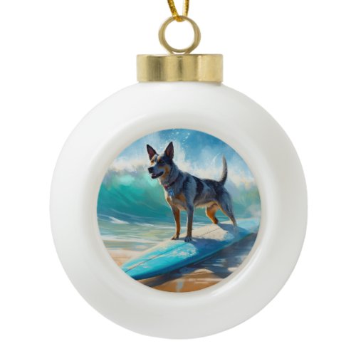 Blue Heeler Beach Surfing Painting  Ceramic Ball Christmas Ornament