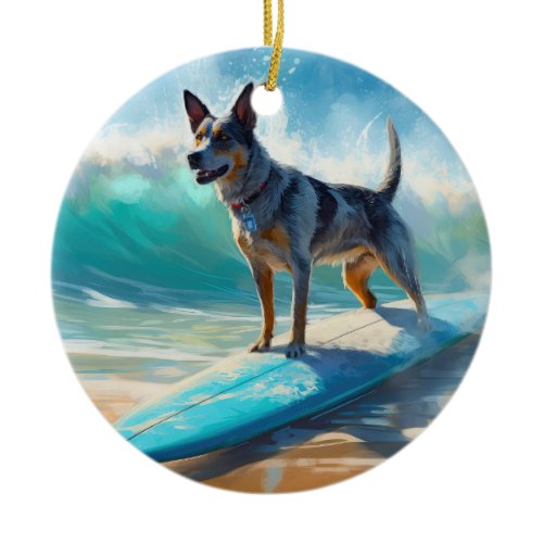 Blue Heeler Beach Surfing Painting  Ceramic Ornament
