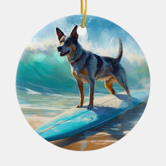 Blue Heeler Beach Surfing Painting  Ceramic Ornament (Front)