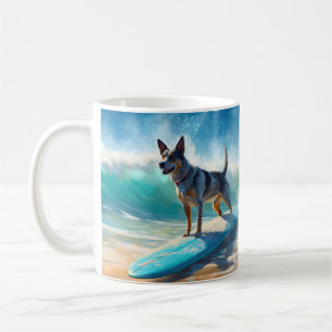 Blue Heeler Beach Surfing Painting Coffee Mug