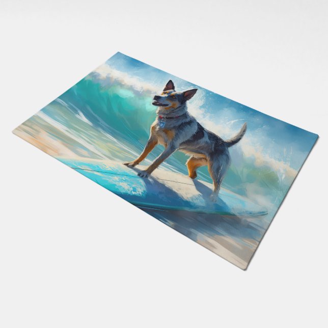 Blue Heeler Beach Surfing Painting  Doormat (Angled)