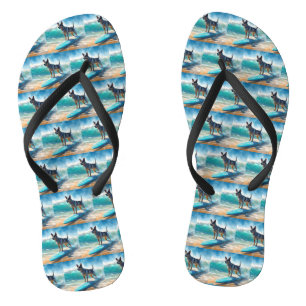 Blue Heeler Beach Surfing Painting  Flip Flops