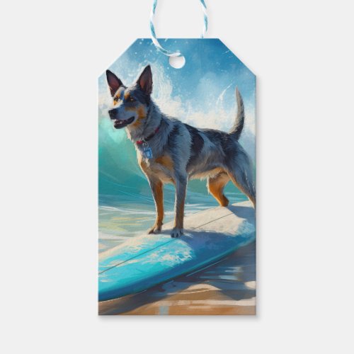 Blue Heeler Beach Surfing Painting  Gift Tags