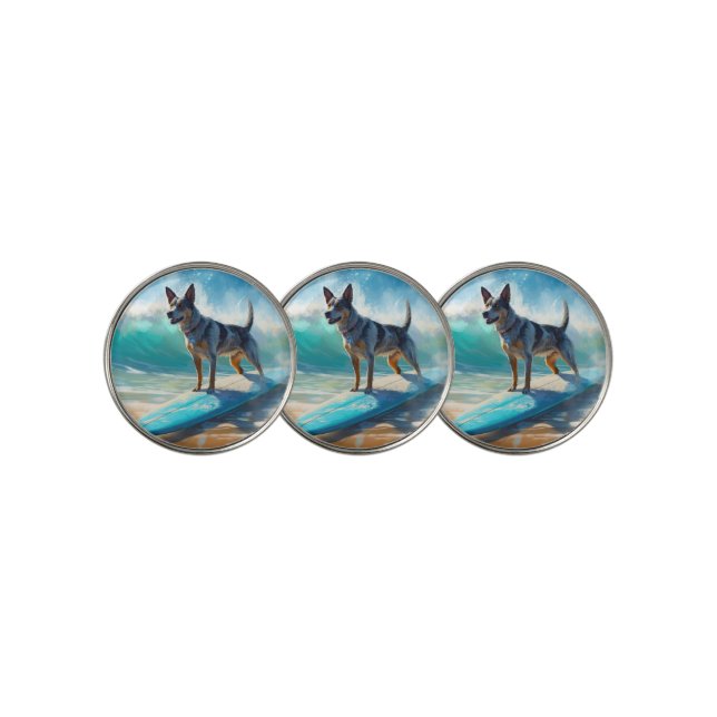 Blue Heeler Beach Surfing Painting  Golf Ball Marker (3 Up)