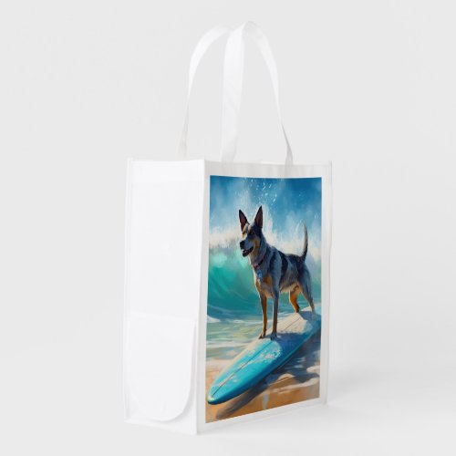 Blue Heeler Beach Surfing Painting  Grocery Bag