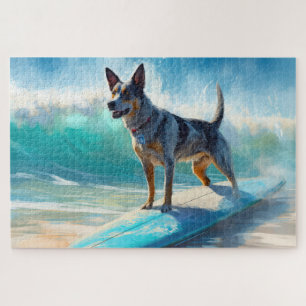 Blue Heeler Beach Surfing Painting Jigsaw Puzzle