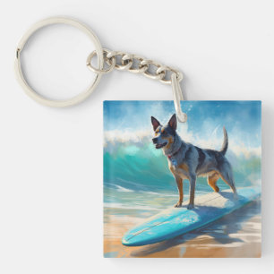 Blue Heeler Beach Surfing Painting  Keychain