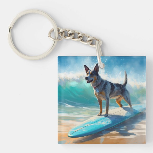 Blue Heeler Beach Surfing Painting  Keychain (Front)