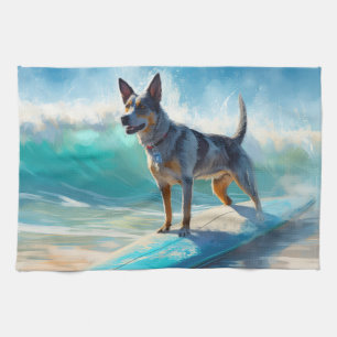 Blue Heeler Beach Surfing Painting  Kitchen Towel