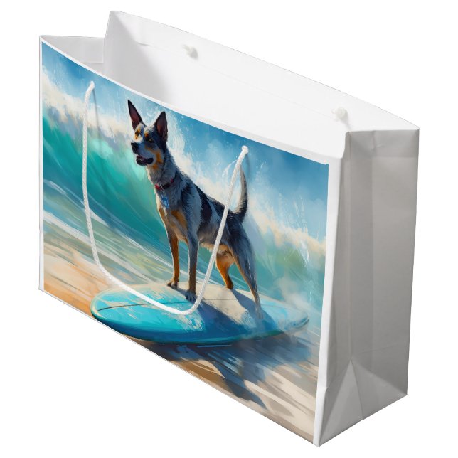 Blue Heeler Beach Surfing Painting  Large Gift Bag (Front Angled)