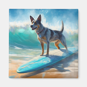Blue Heeler Beach Surfing Painting  Magnet