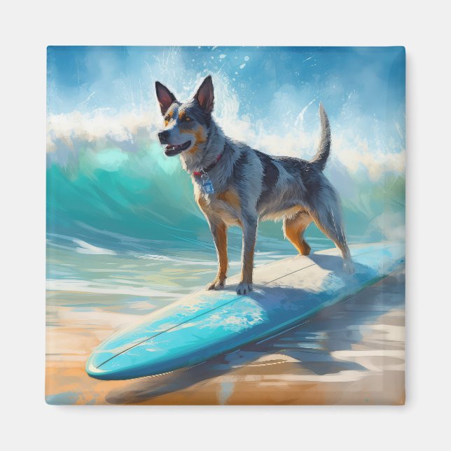 Blue Heeler Beach Surfing Painting  Magnet (Front)