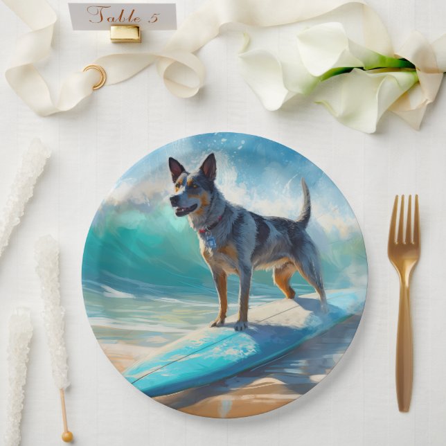 Blue Heeler Beach Surfing Painting  Paper Plates (Wedding)