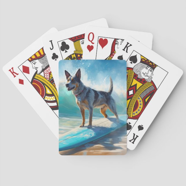 Blue Heeler Beach Surfing Painting  Poker Cards (Back)