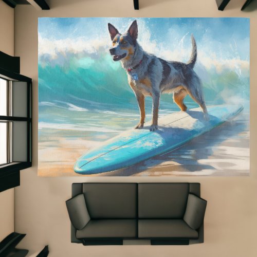Blue Heeler Beach Surfing Painting  Rug