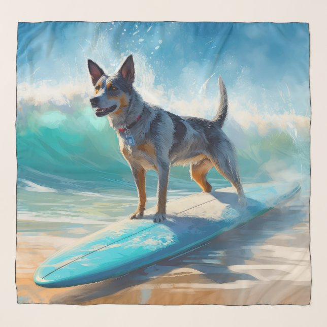Blue Heeler Beach Surfing Painting  Scarf (Front)