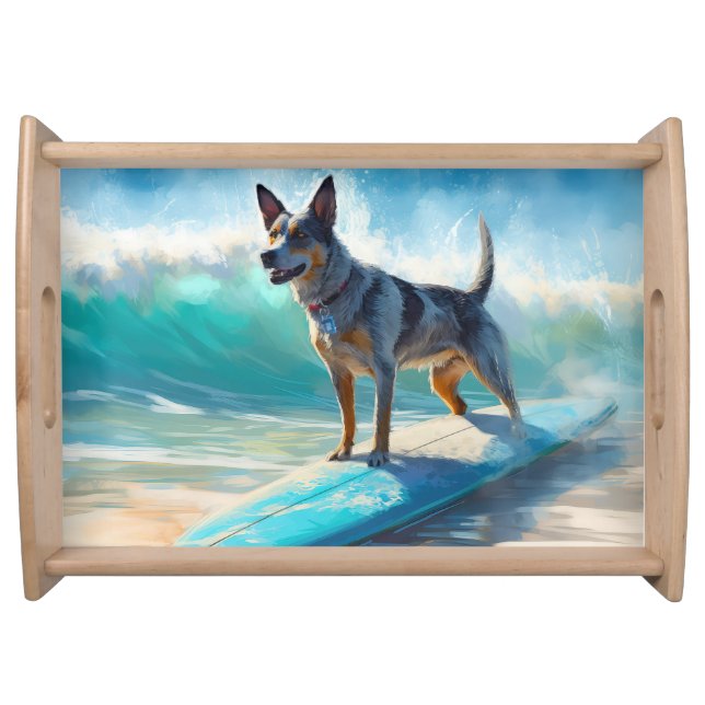 Blue Heeler Beach Surfing Painting  Serving Tray (Front)