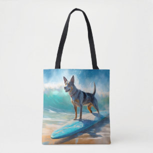 Blue Heeler Beach Surfing Painting Tote Bag