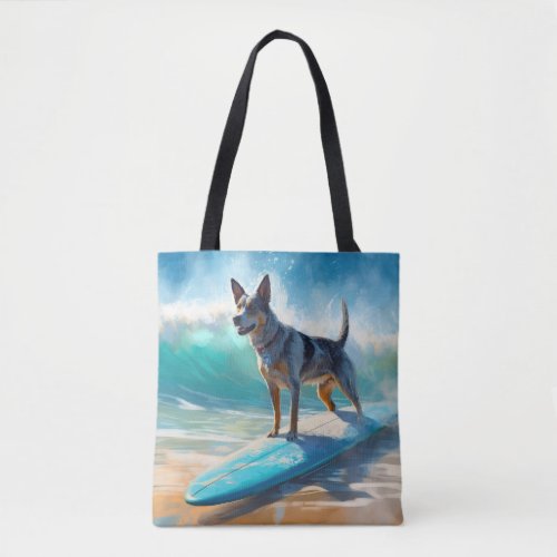 Blue Heeler Beach Surfing Painting  Tote Bag