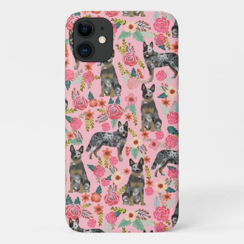 Blue heeler cattle dog florals pink iPhone 11 case