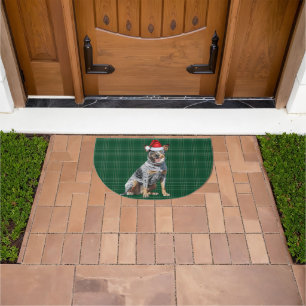 Blue Heeler Cattle Dog Green Plaid Holiday Doormat