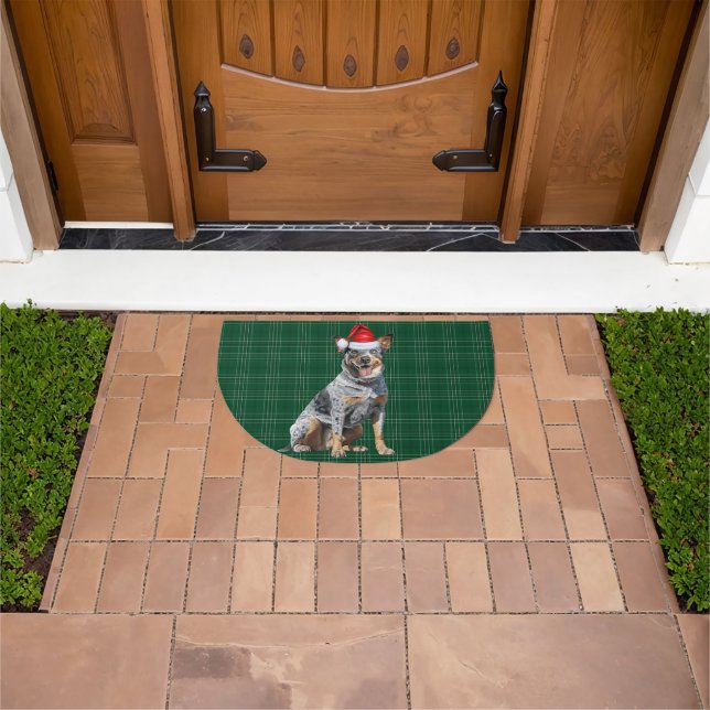 Blue Heeler Cattle Dog Green Plaid Holiday Doormat (Outdoor)