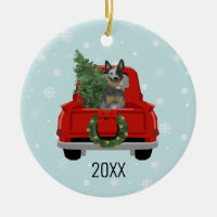 Blue Heeler Cattle Dog Red Truck Christmas Ceramic Ornament