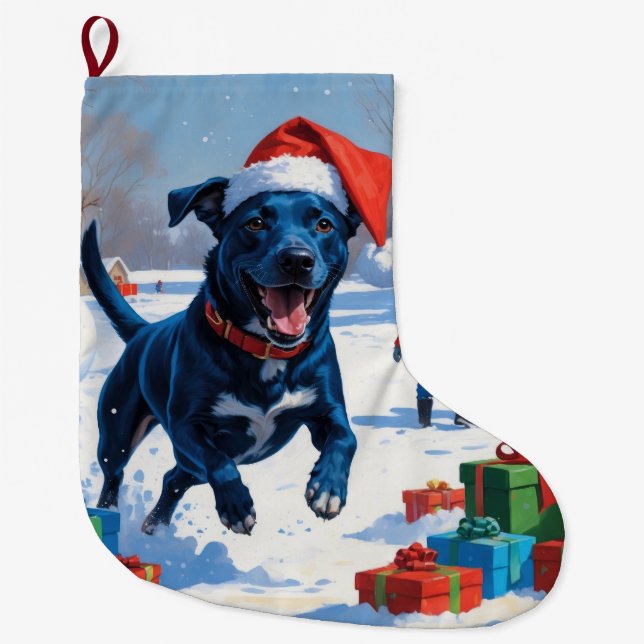 Blue Heeler Christmas Festive Snow Scene Large Christmas Stocking (Front)