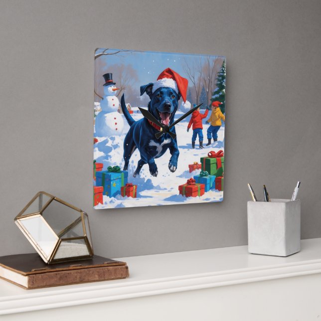 Blue Heeler Christmas Festive Snow Scene Square Wall Clock (Office)