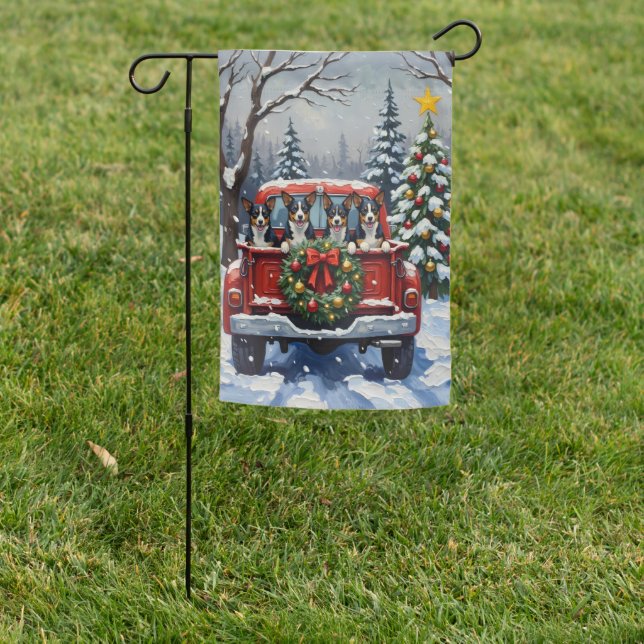 Blue Heeler Christmas Red Truck Holiday Garden Flag (In SItu)