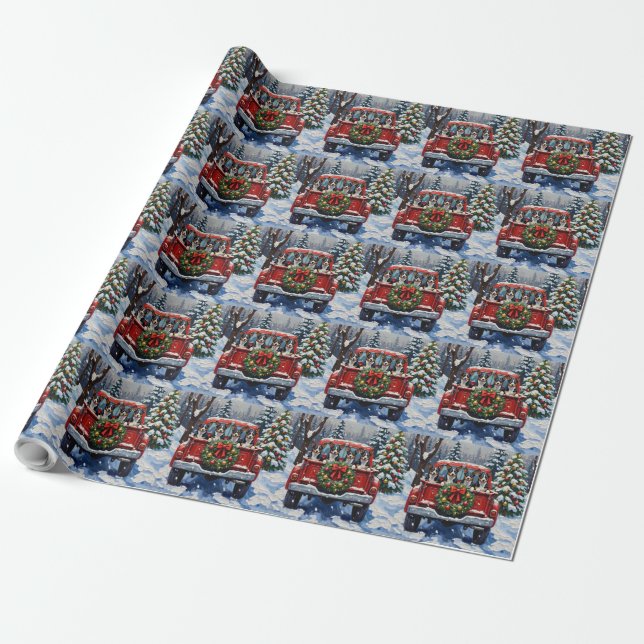Blue Heeler Christmas Red Truck Holiday Wrapping Paper (Unrolled)