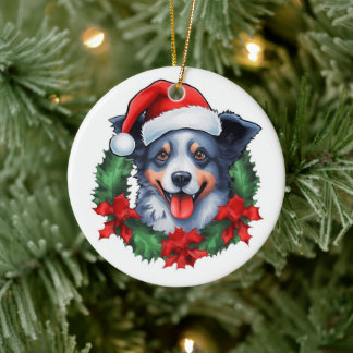 Blue Heeler Christmas Wreath Ceramic Ornament