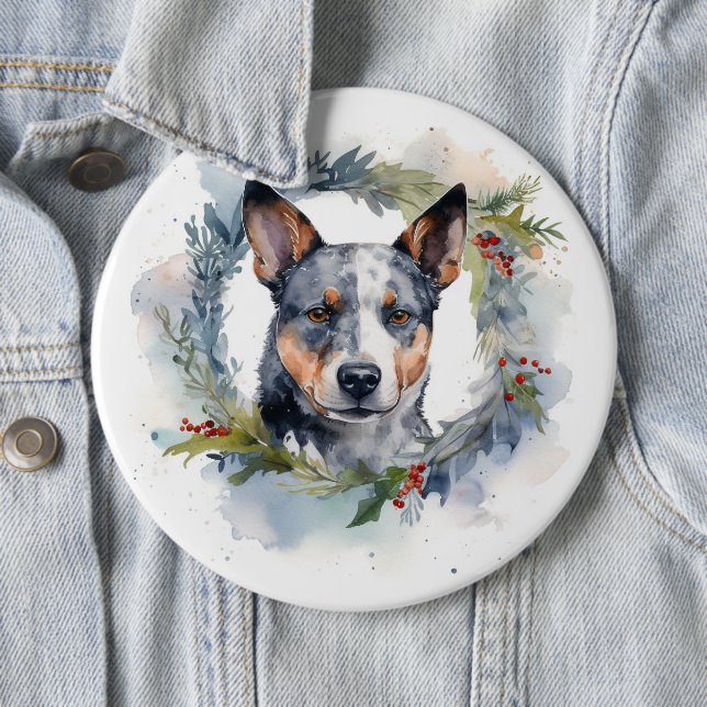 Blue Heeler Christmas Wreath Festive Pup Button (In Situ)