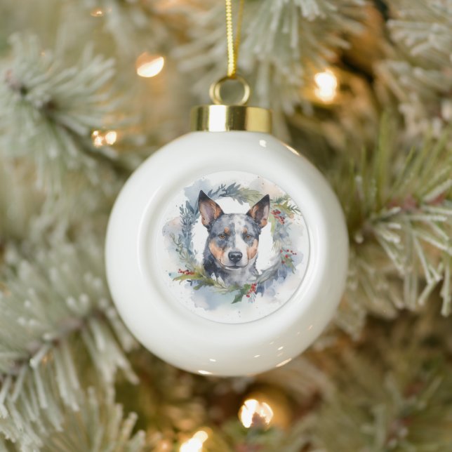 Blue Heeler Christmas Wreath Festive Pup Ceramic Ball Christmas Ornament (Tree)