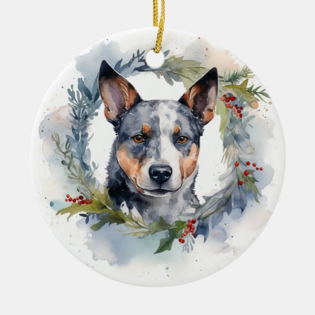 Blue Heeler Christmas Wreath Festive Pup Ceramic Ornament (Front)
