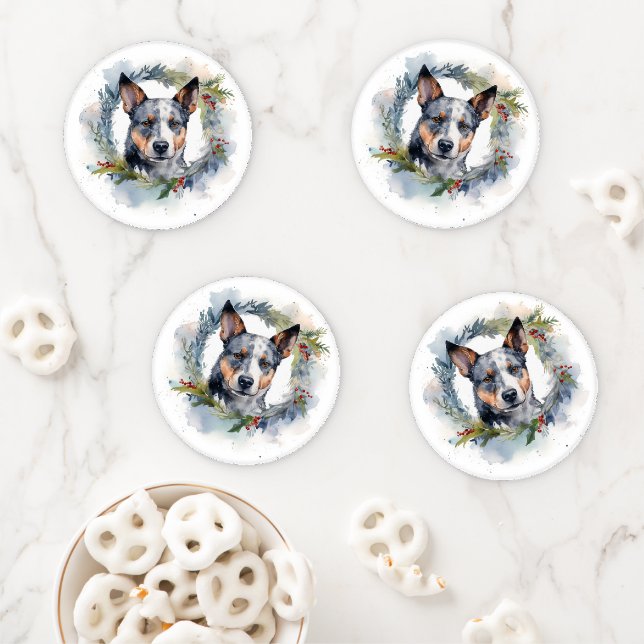 Blue Heeler Christmas Wreath Festive Pup Coaster Set (In Situ)
