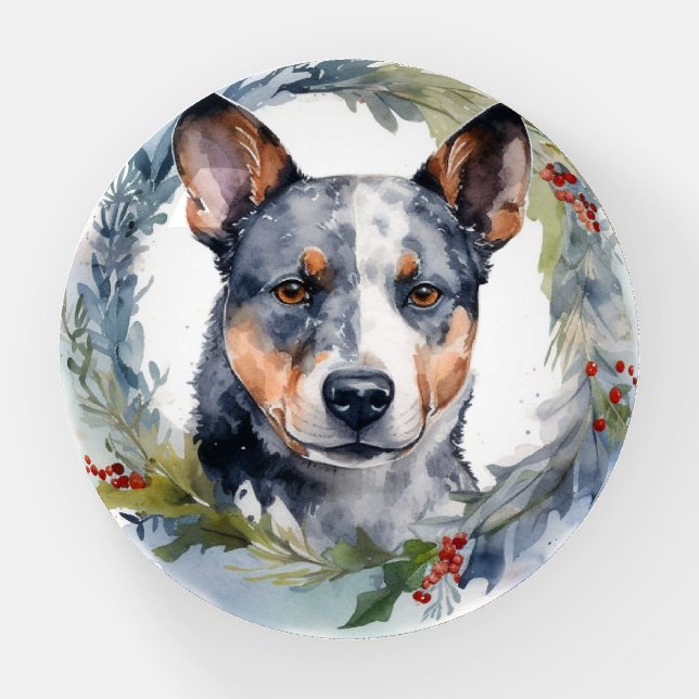 Blue Heeler Christmas Wreath Festive Pup Paperweight (Front)