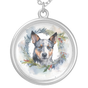 Blue Heeler Christmas Wreath Festive Pup Silver Plated Necklace