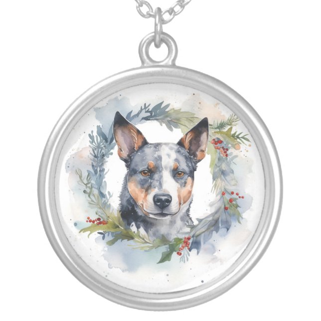 Blue Heeler Christmas Wreath Festive Pup Silver Plated Necklace (Front)