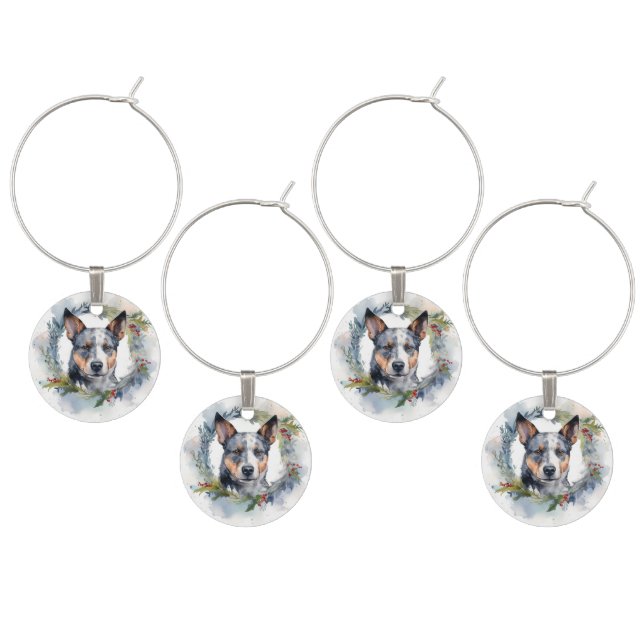 Blue Heeler Christmas Wreath Festive Pup Wine Charm (Staggered)