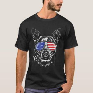 Blue Heeler Dog 4th of July American Flag Sunglass T-Shirt