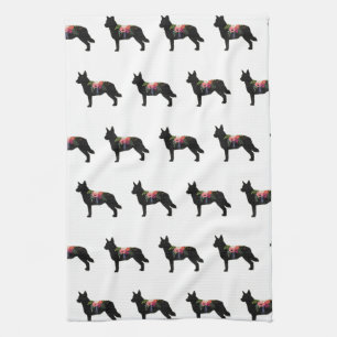 Blue Heeler Dog Breed Boho Floral Silhouette Kitchen Towel