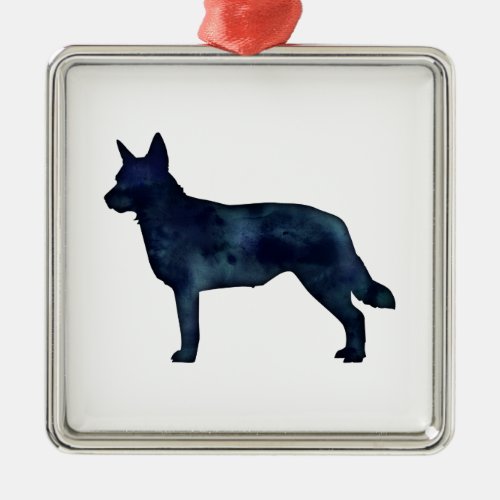 Blue Heeler Dog Breed Silhouette Black Watercolor Metal Ornament
