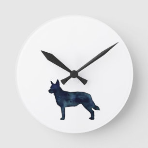 Blue Heeler Dog Breed Silhouette Black Watercolor Round Clock