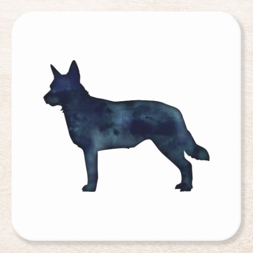 Blue Heeler Dog Breed Silhouette Black Watercolor Square Paper Coaster
